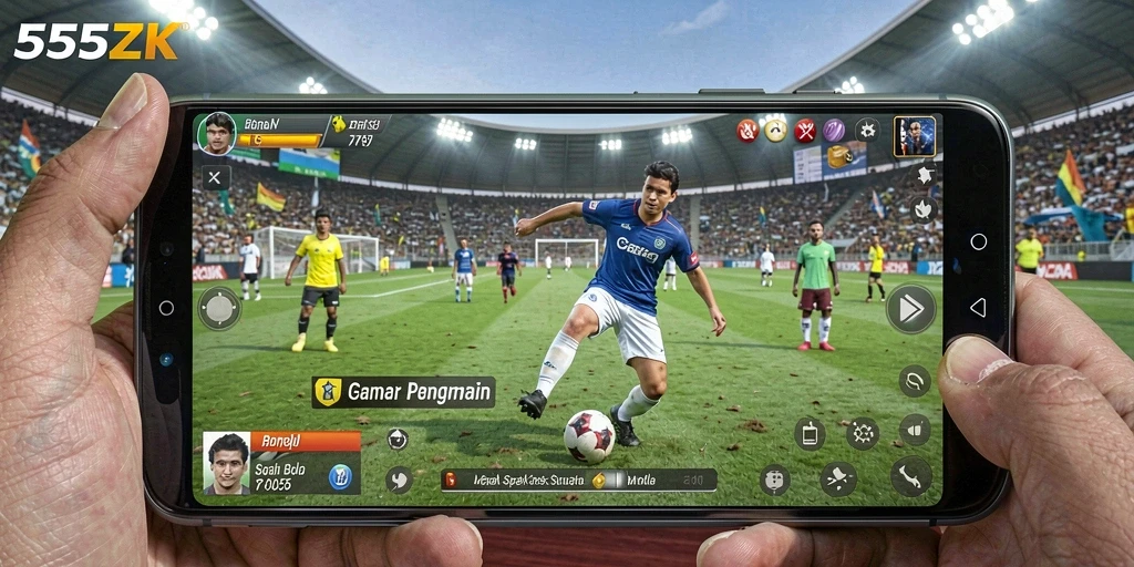 Gameplay 555ZK yang seru dengan momen pertandingan sepak bola.