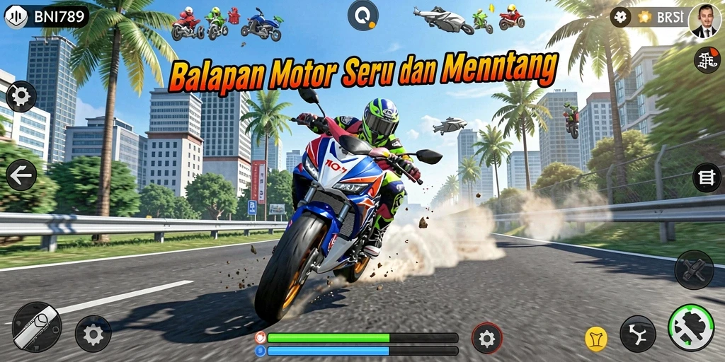 Tampilan gameplay BNI789 yang menegangkan dengan balapan motor.