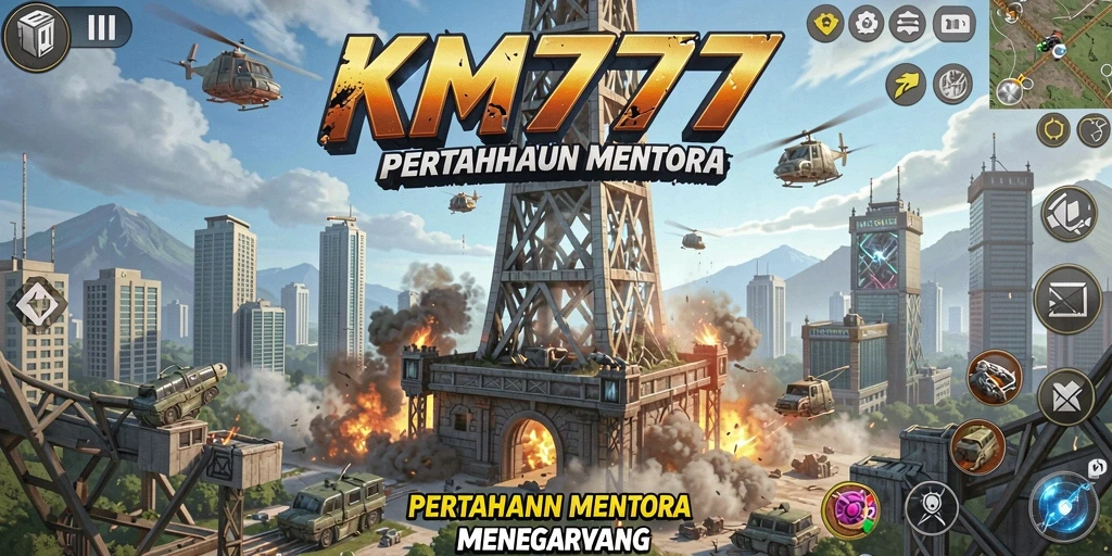 Tangkapan layar gameplay KM777 menampilkan aksi Tower Defense yang mendebarkan.