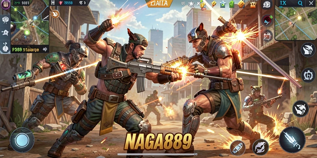 Tampilan gameplay NAGA889 menampilkan aksi Battle Royale yang intens.