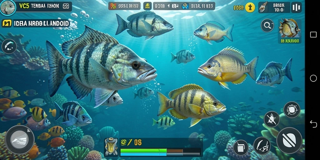 Tampilan gameplay seru dalam VC5 yang menembak ikan di bawah laut.