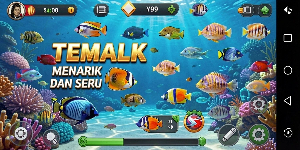 Tampilan gameplay seru Tembak Ikan di Y89 dengan ikan berwarna-warni.